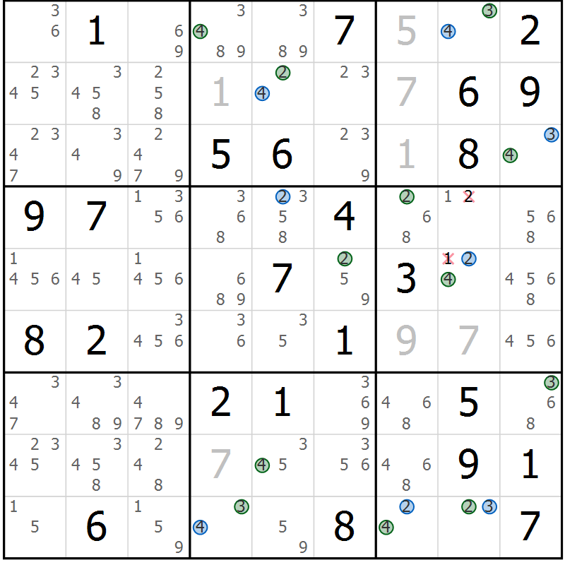 Position des candidats pour la solution de la Gr 61 page 64 du magazine de sudoku Suprême n° 033