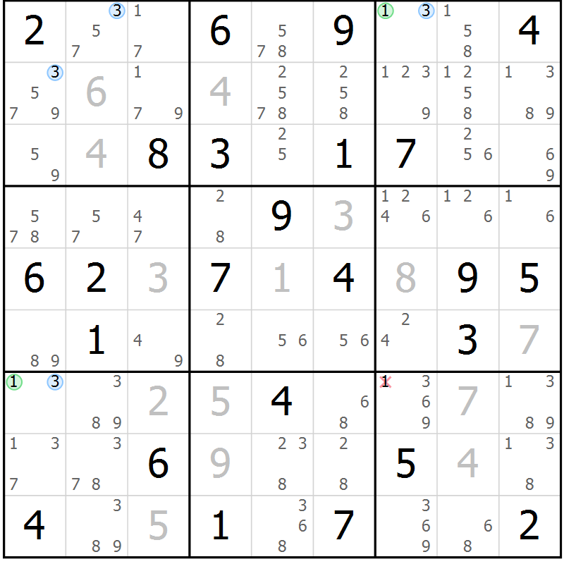 Position des candidats pour la solution de la Gr 62 page 65 du magazine de sudoku Suprême n° 033