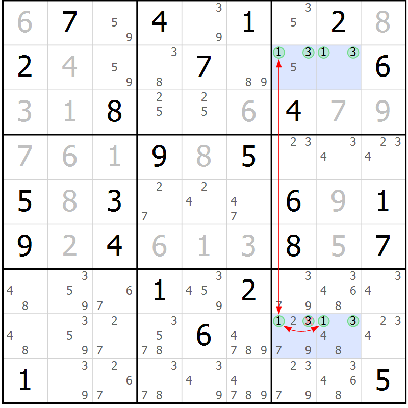 Position des candidats pour la solution de la Gr 63 page 66 du magazine de sudoku Suprême n° 033