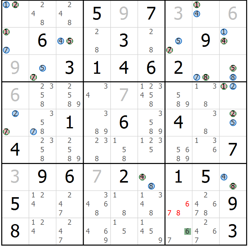Position des candidats pour la solution de la Gr 64 page 67 du magazine de sudoku Suprême n° 033