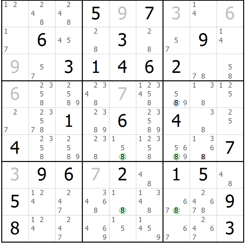 Position des candidats pour la solution de la Gr 64 page 67 du magazine de sudoku Suprême n° 033