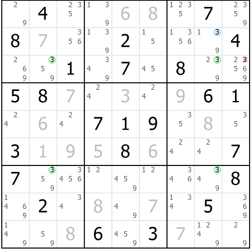 Position des candidats pour la solution de la Gr 65 page 68 du magazine de sudoku Suprême n° 033