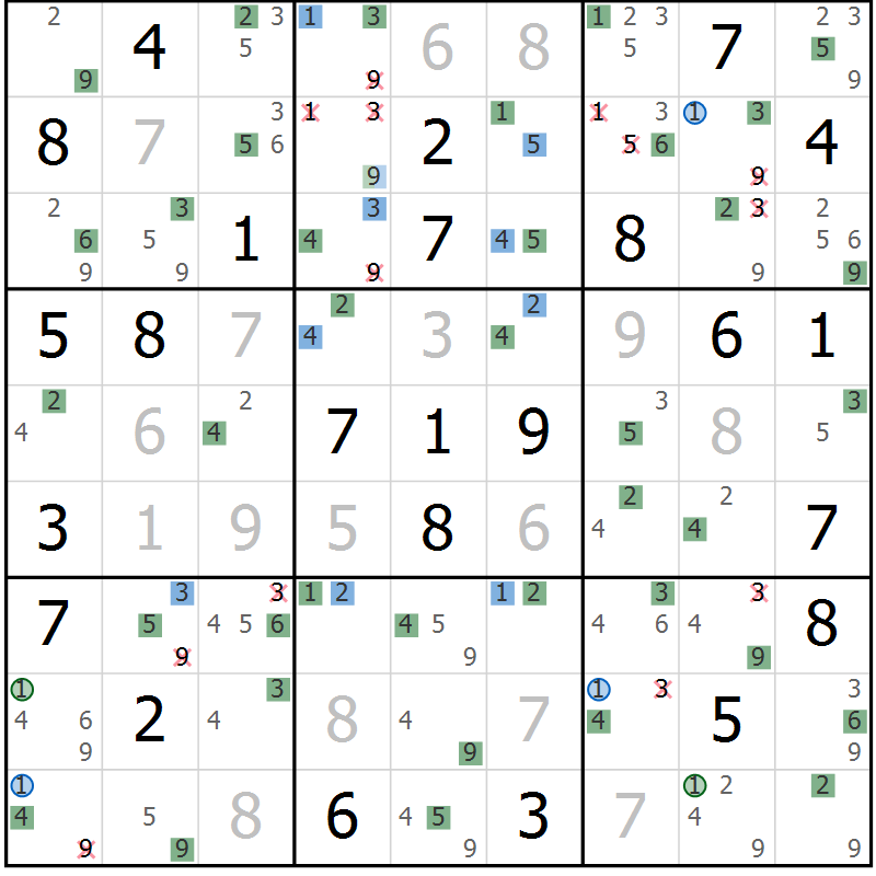 Position des candidats pour la solution de la Gr 65 page 68 du magazine de sudoku Suprême n° 033