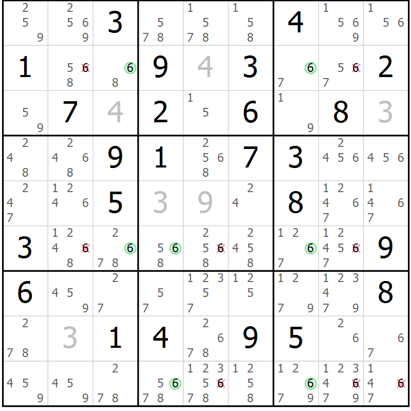 Position des candidats pour la solution de la Gr 67 page 70 du magazine de sudoku Suprême n° 033