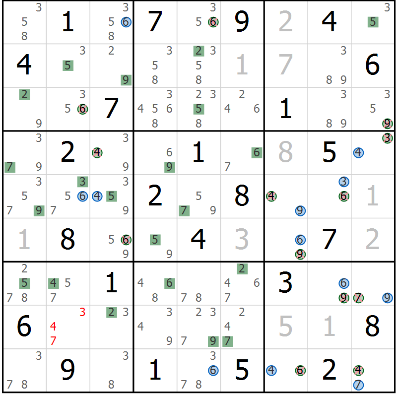 Position des candidats pour la solution de la Gr 68 page 71 du magazine de sudoku Suprême n° 033