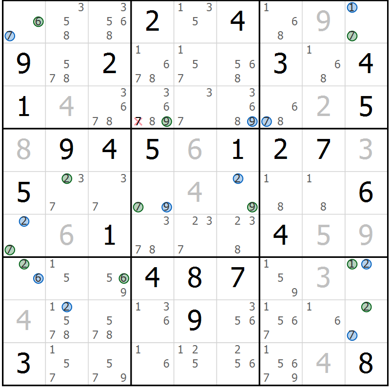 Position des candidats pour la solution de la Gr 69 page 72 du magazine de sudoku Suprême n° 033