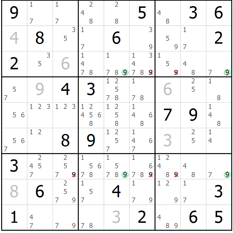 Position des candidats pour la solution de la Gr 7 page 10 du magazine de sudoku Suprême n° 033