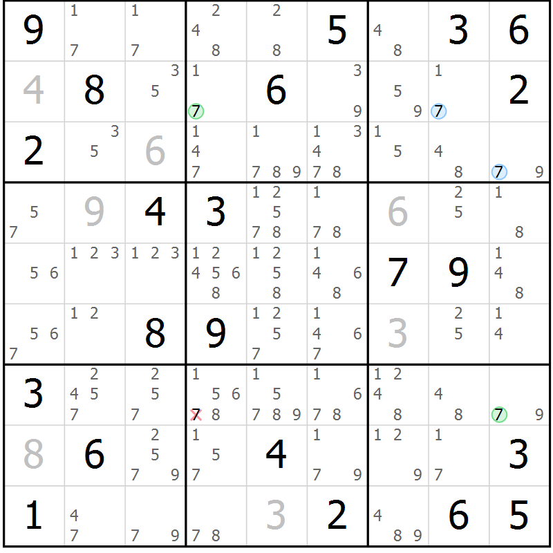 Position des candidats pour la solution de la Gr 7 page 10 du magazine de sudoku Suprême n° 033