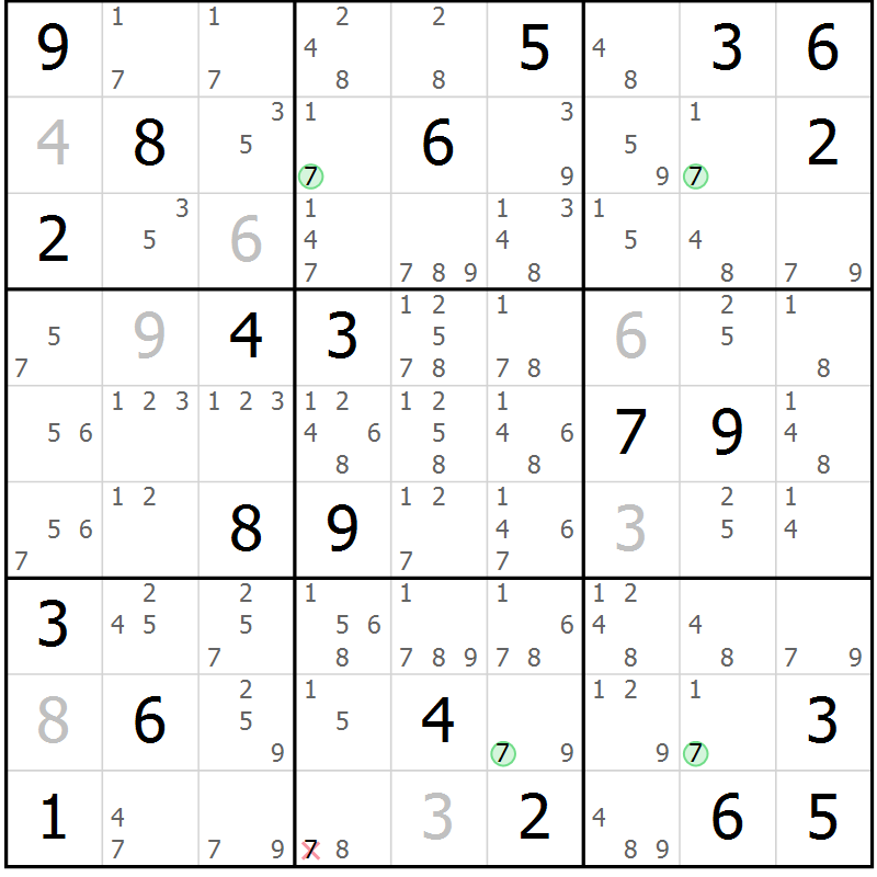 Position des candidats pour la solution de la Gr 7 page 10 du magazine de sudoku Suprême n° 033