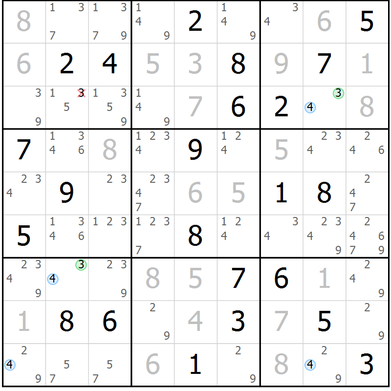 Position des candidats pour la solution de la Gr 70 page 73 du magazine de sudoku Suprême n° 033
