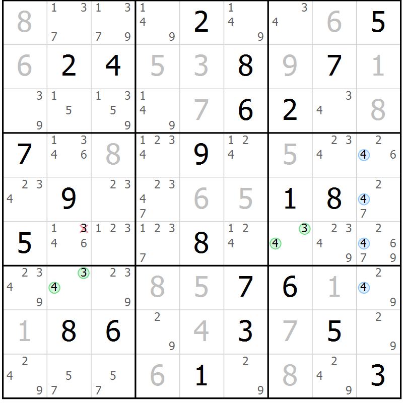 Position des candidats pour la solution de la Gr 70 page 73 du magazine de sudoku Suprême n° 033