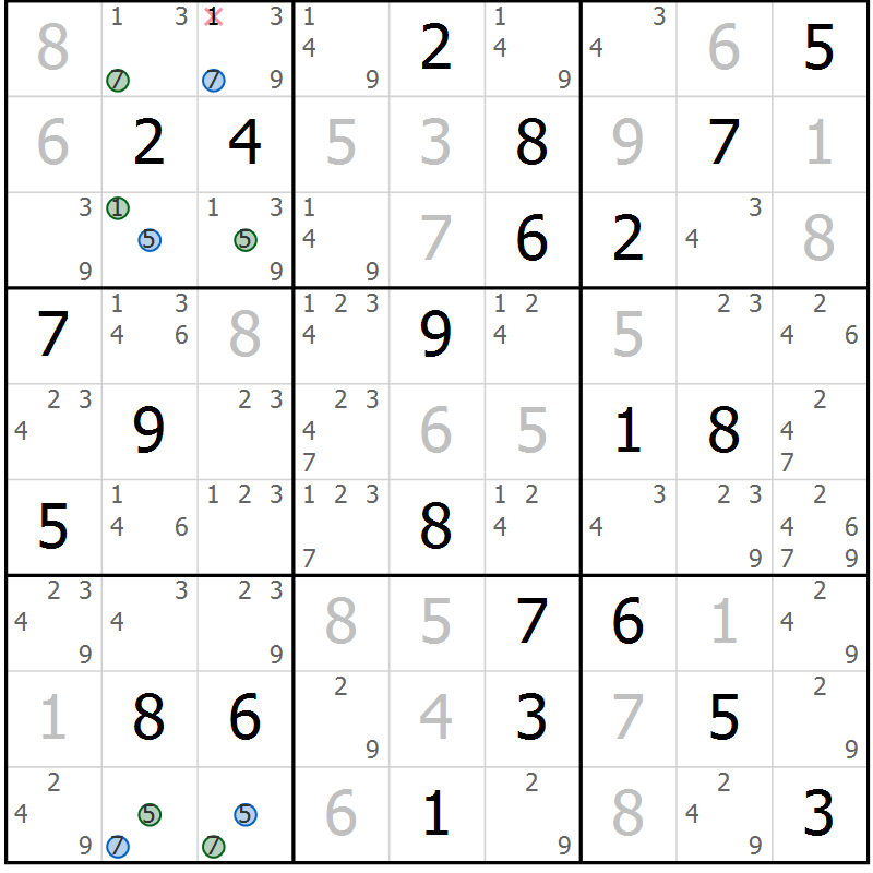 Position des candidats pour la solution de la Gr 70 page 73 du magazine de sudoku Suprême n° 033