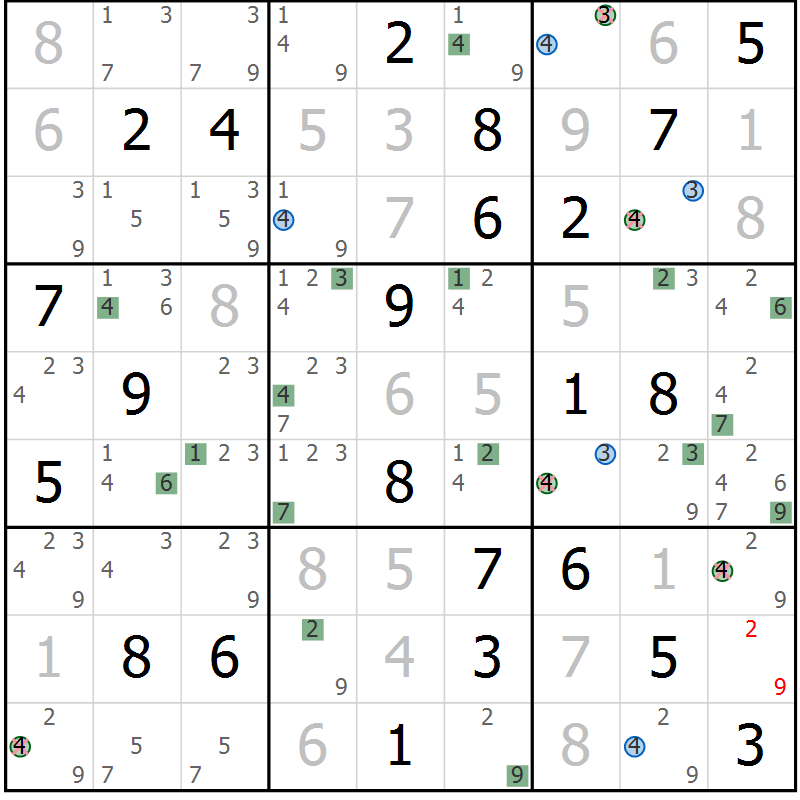 Position des candidats pour la solution de la Gr 70 page 73 du magazine de sudoku Suprême n° 033