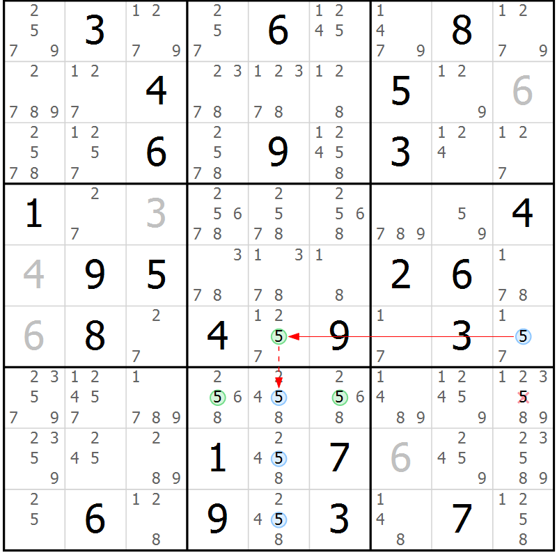 Position des candidats pour la solution de la Gr 72 page 75 du magazine de sudoku Suprême n° 033