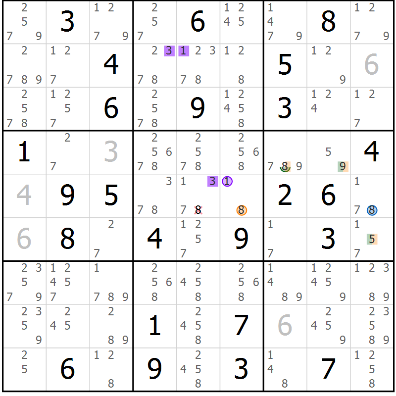 Position des candidats pour la solution de la Gr 72 page 75 du magazine de sudoku Suprême n° 033