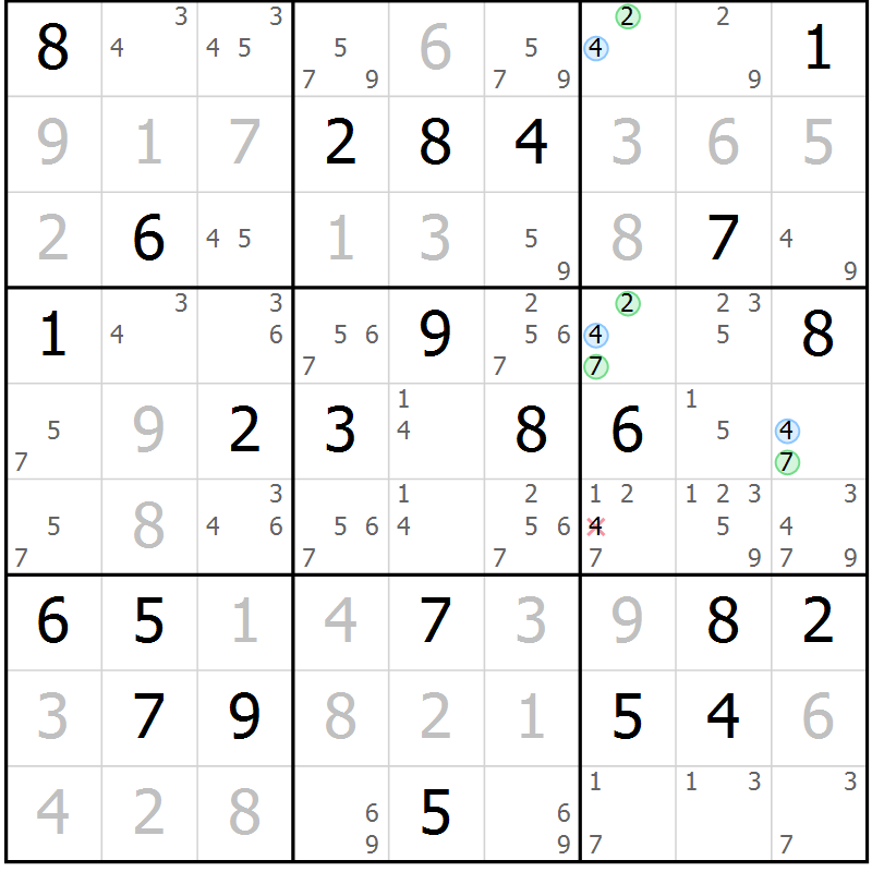 Position des candidats pour la solution de la Gr 74 page 77 du magazine de sudoku Suprême n° 033