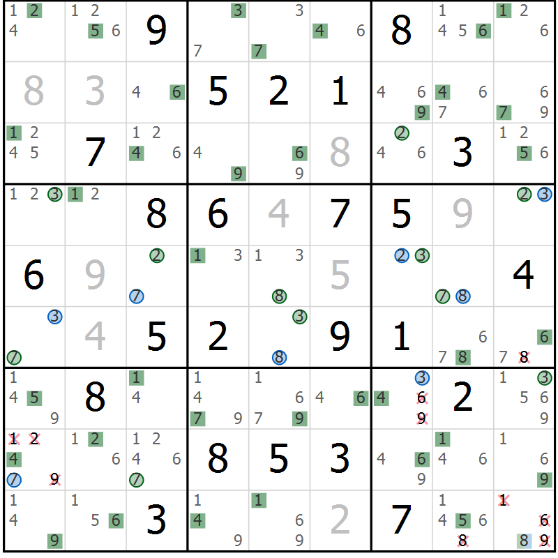 Position des candidats pour la solution de la Gr 75 page 78 du magazine de sudoku Suprême n° 033