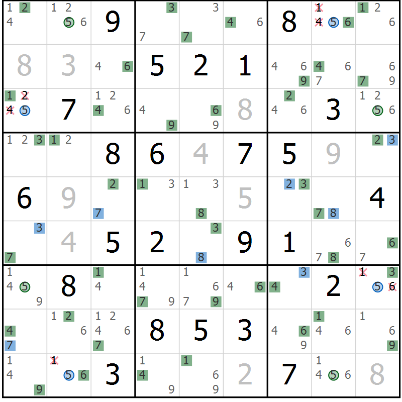 Position des candidats pour la solution de la Gr 75 page 78 du magazine de sudoku Suprême n° 033