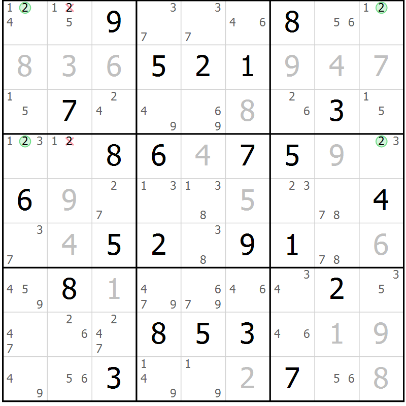 Position des candidats pour la solution de la Gr 75 page 78 du magazine de sudoku Suprême n° 033