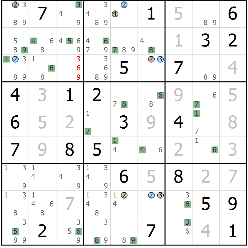 Position des candidats pour la solution de la Gr 76 page 79 du magazine de sudoku Suprême n° 033