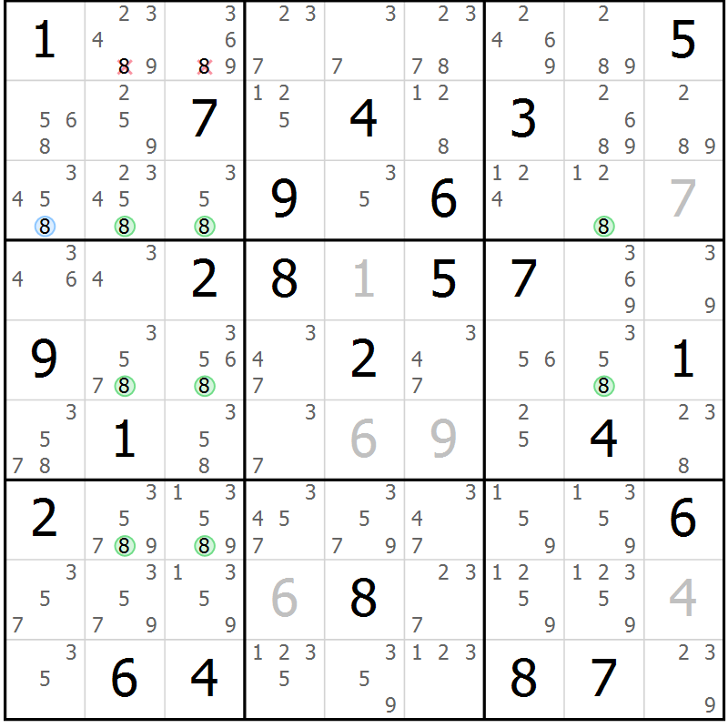 Position des candidats pour la solution de la Gr 77 page 80 du magazine de sudoku Suprême n° 033
