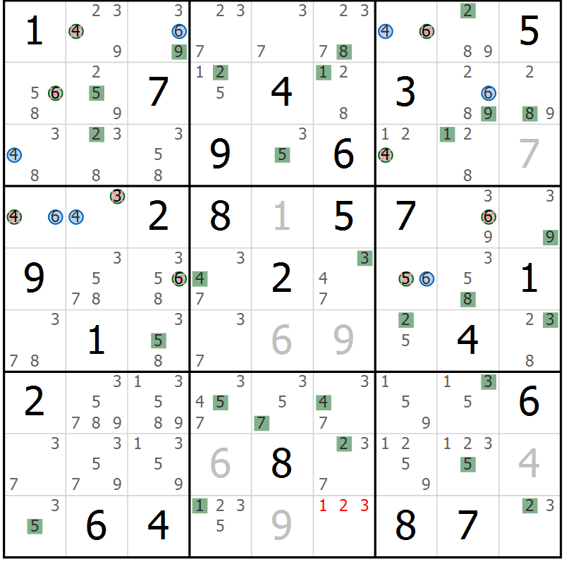 Position des candidats pour la solution de la Gr 77 page 80 du magazine de sudoku Suprême n° 033