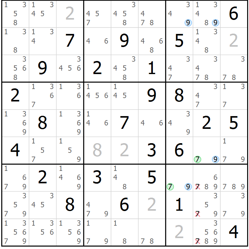 Position des candidats pour la solution de la Gr 80 page 83 du magazine de sudoku Suprême n° 033