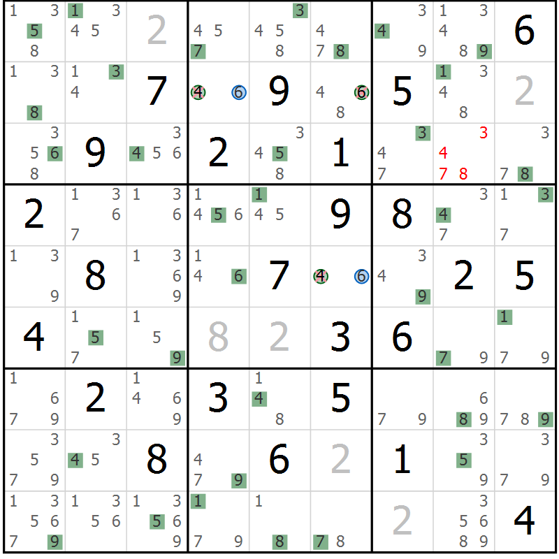 Position des candidats pour la solution de la Gr 80 page 83 du magazine de sudoku Suprême n° 033