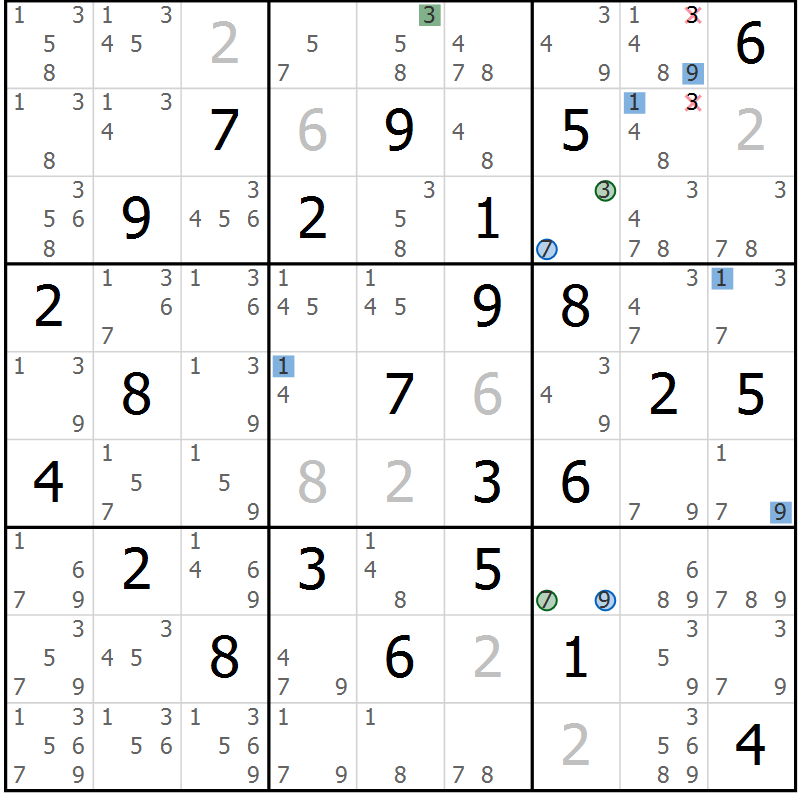 Position des candidats pour la solution de la Gr 80 page 83 du magazine de sudoku Suprême n° 033