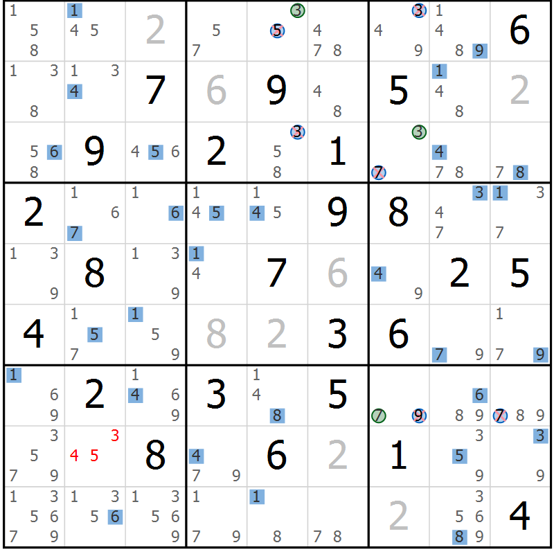 Position des candidats pour la solution de la Gr 80 page 83 du magazine de sudoku Suprême n° 033