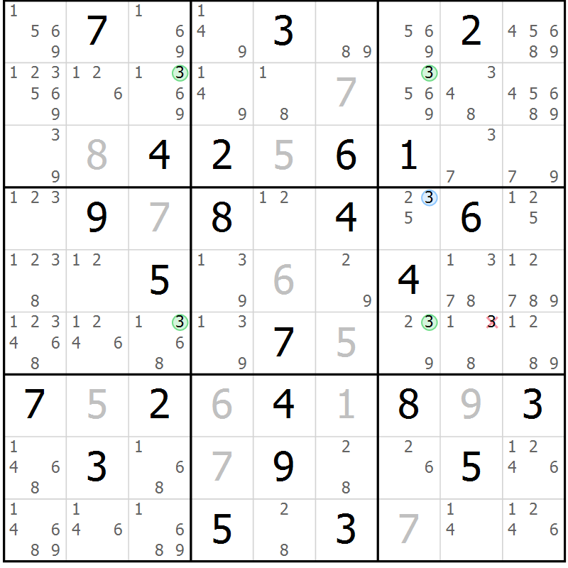Position des candidats pour la solution de la Gr 84 page 87 du magazine de sudoku Suprême n° 033