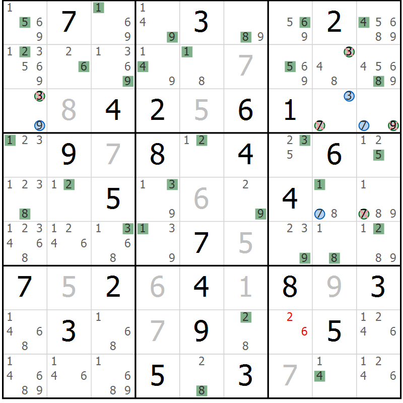 Position des candidats pour la solution de la Gr 84 page 87 du magazine de sudoku Suprême n° 033