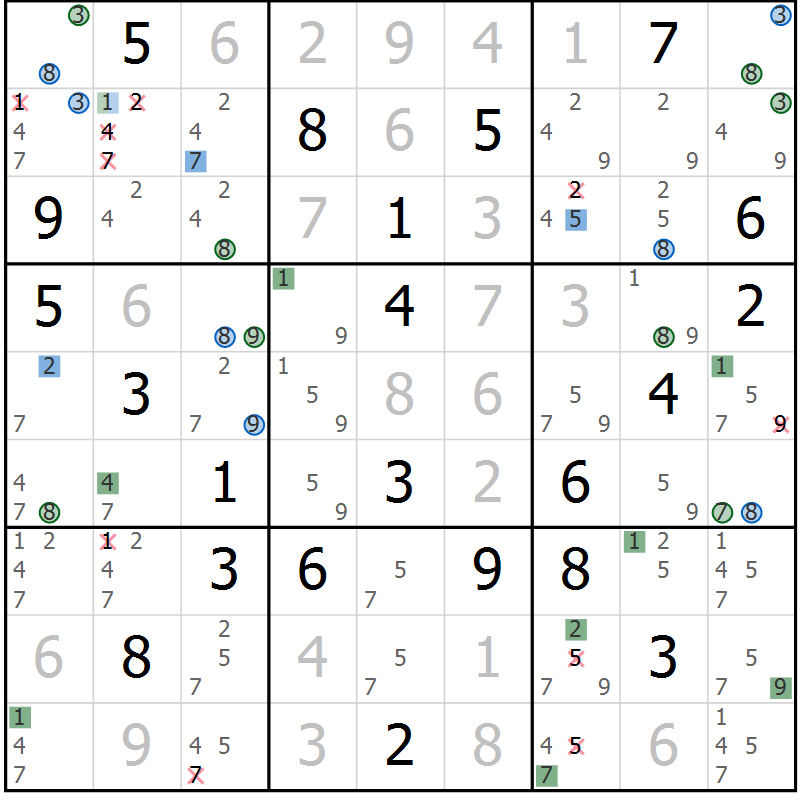 Position des candidats pour la solution de la Gr 9 page 12 du magazine de sudoku Suprême n° 033