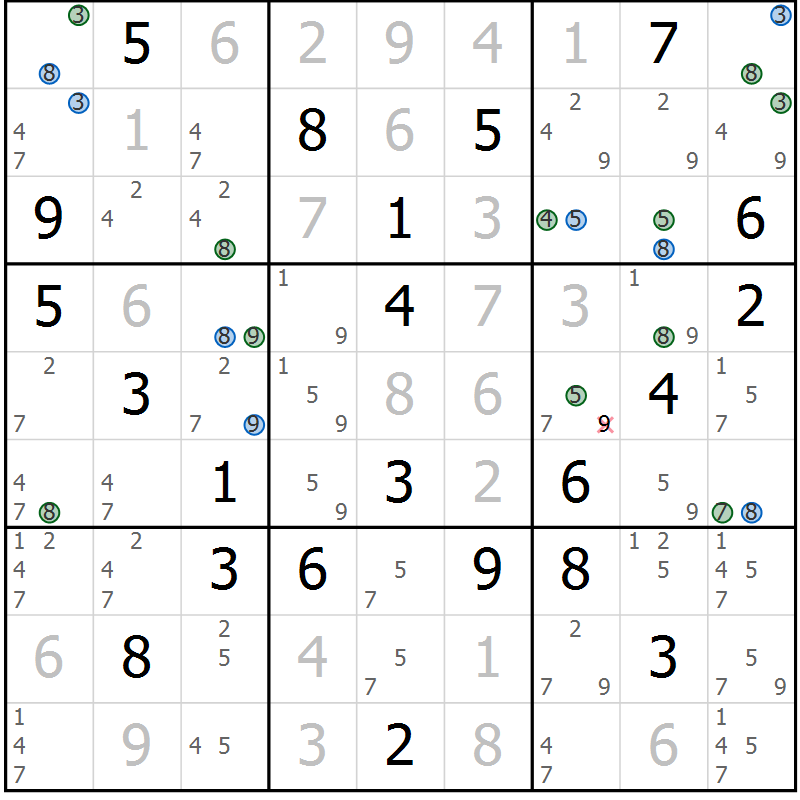 Position des candidats pour la solution de la Gr 9 page 12 du magazine de sudoku Suprême n° 033