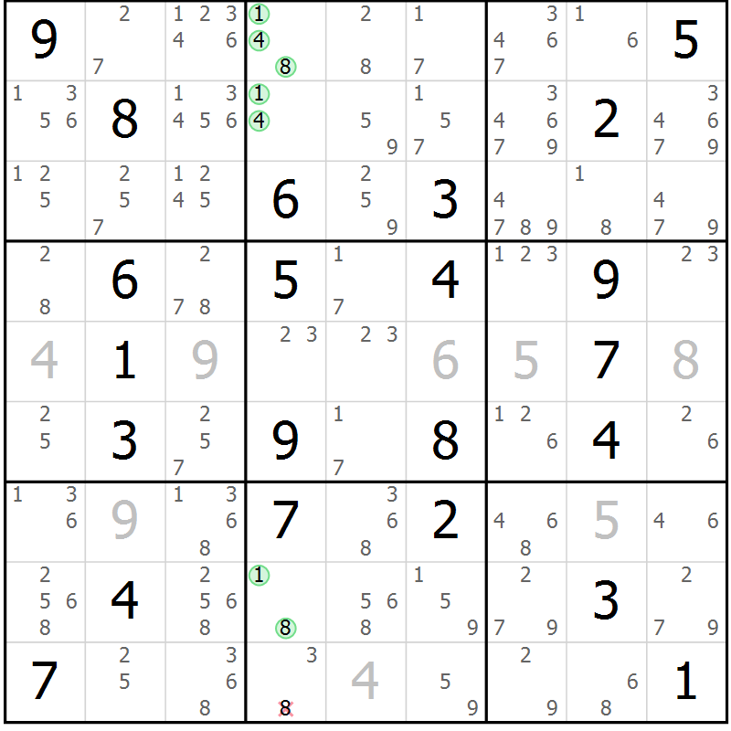 Position des candidats pour la solution de la Gr 1 page 4 du magazine de sudoku Suprême n° 034