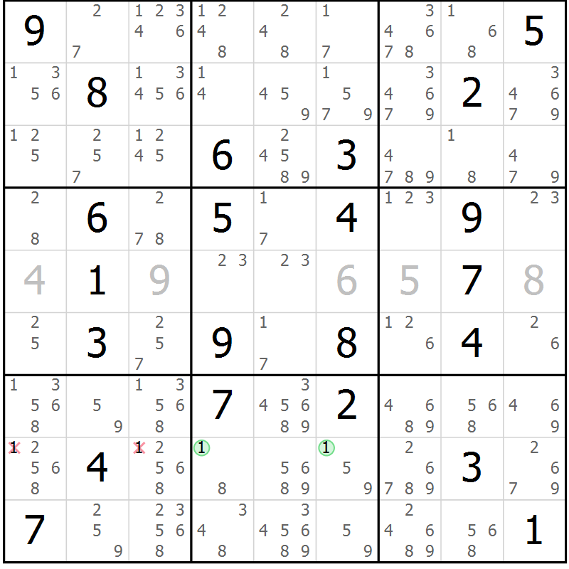 Position des candidats pour la solution de la Gr 1 page 4 du magazine de sudoku Suprême n° 034