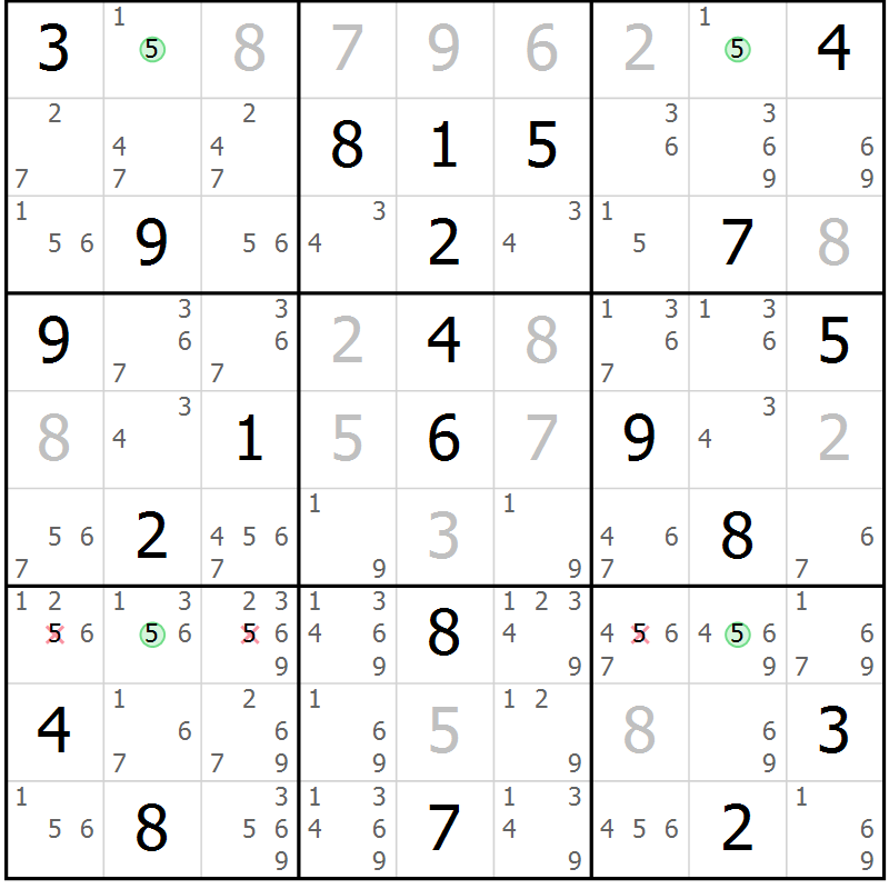 Position des candidats pour la solution de la Gr 10 page 13 du magazine de sudoku Suprême n° 034