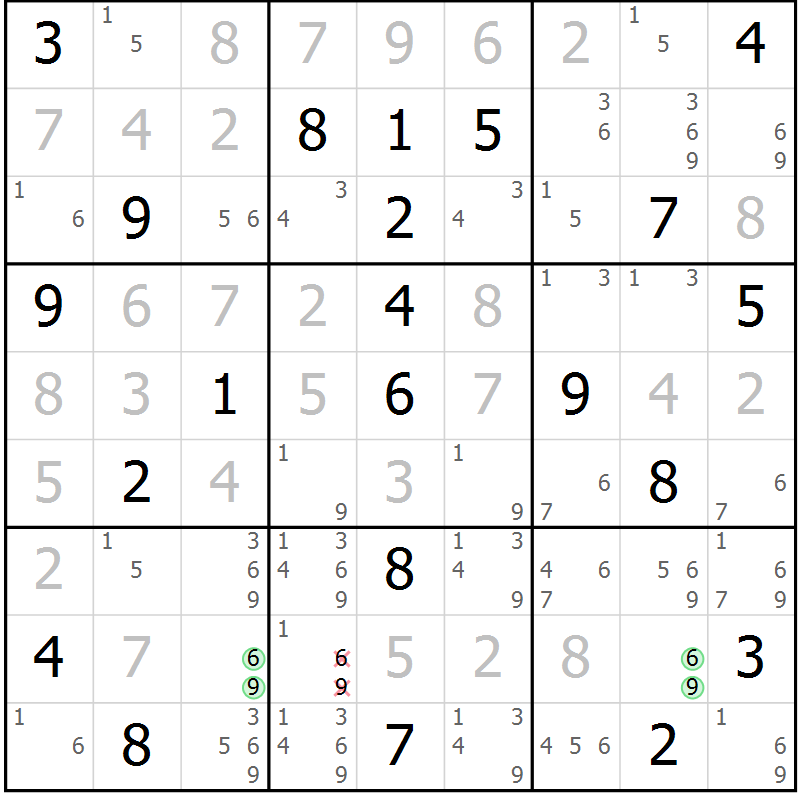 Position des candidats pour la solution de la Gr 10 page 13 du magazine de sudoku Suprême n° 034