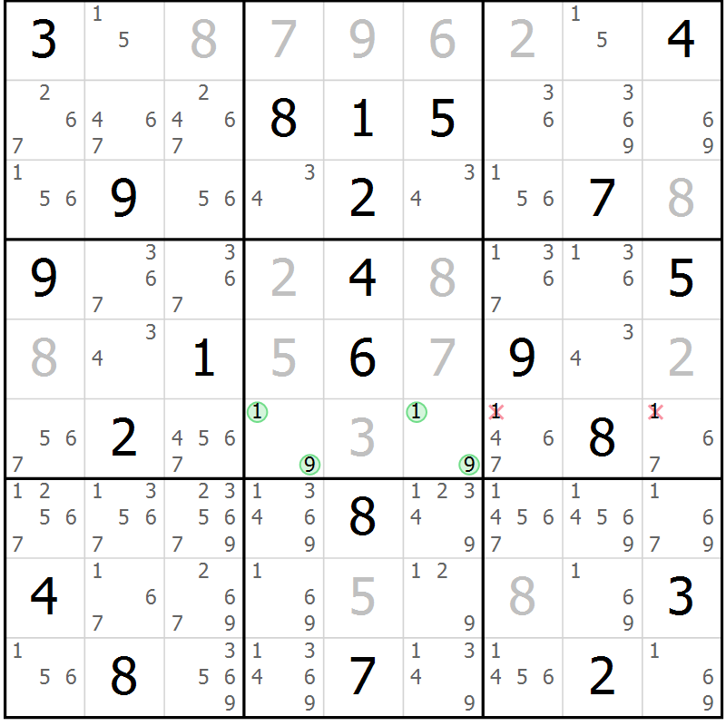 Position des candidats pour la solution de la Gr 10 page 13 du magazine de sudoku Suprême n° 034