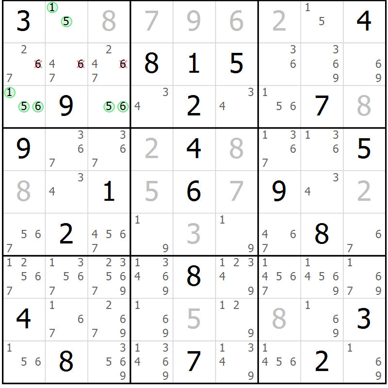 Position des candidats pour la solution de la Gr 10 page 13 du magazine de sudoku Suprême n° 034