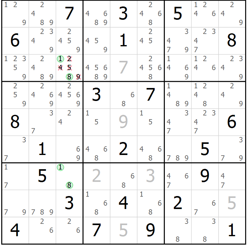 Position des candidats pour la solution de la Gr 11 page 14 du magazine de sudoku Suprême n° 034