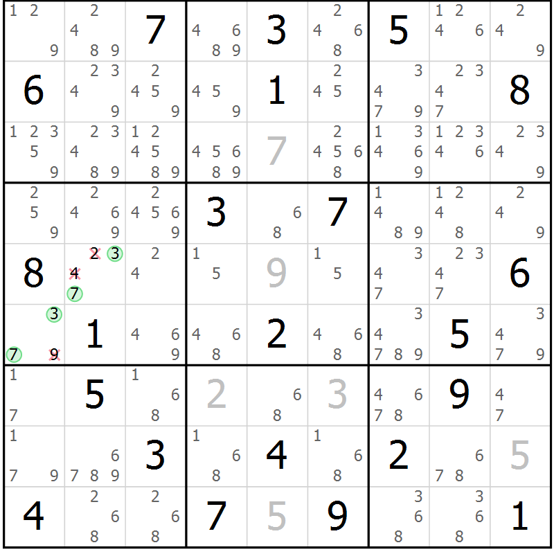 Position des candidats pour la solution de la Gr 11 page 14 du magazine de sudoku Suprême n° 034