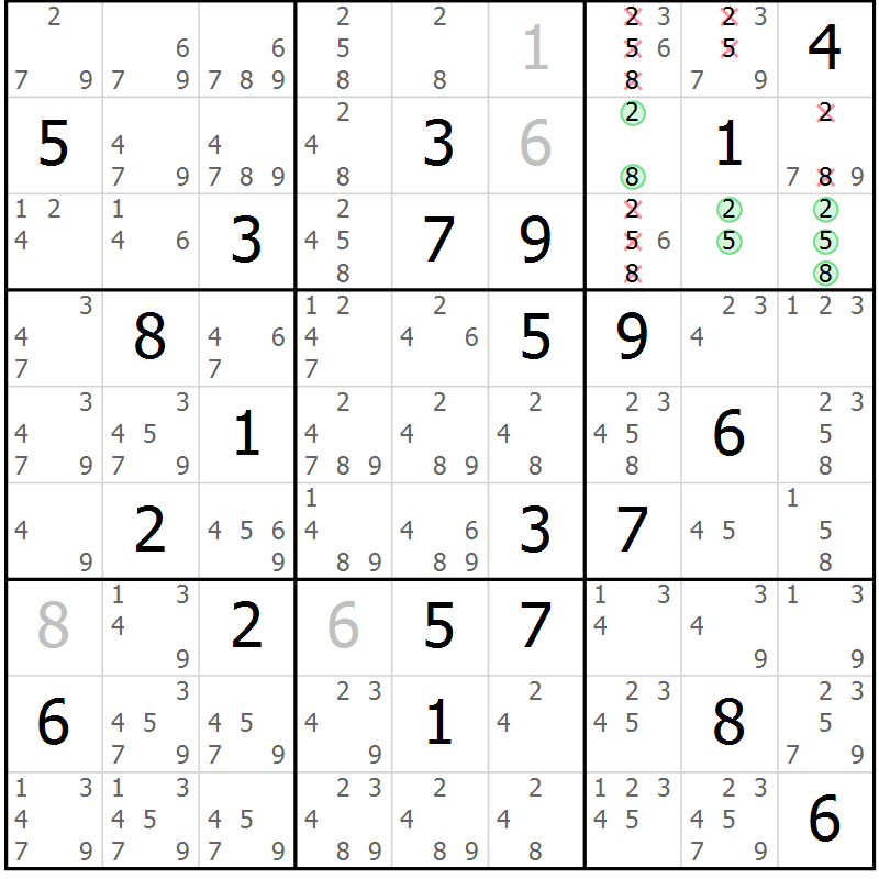 Position des candidats pour la solution de la Gr 13 page 16 du magazine de sudoku Suprême n° 034