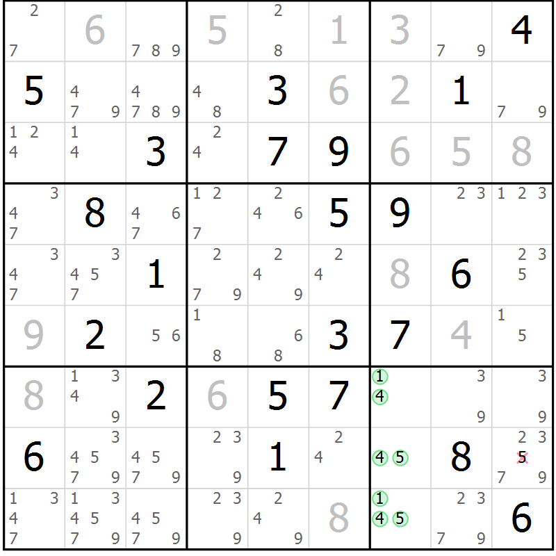 Position des candidats pour la solution de la Gr 13 page 16 du magazine de sudoku Suprême n° 034