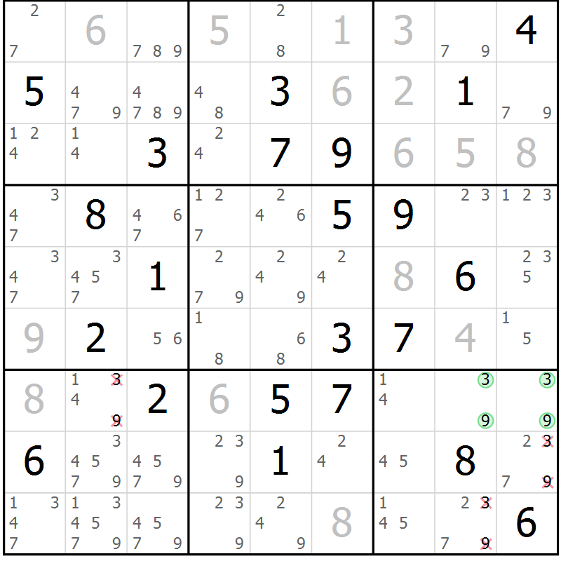 Position des candidats pour la solution de la Gr 13 page 16 du magazine de sudoku Suprême n° 034