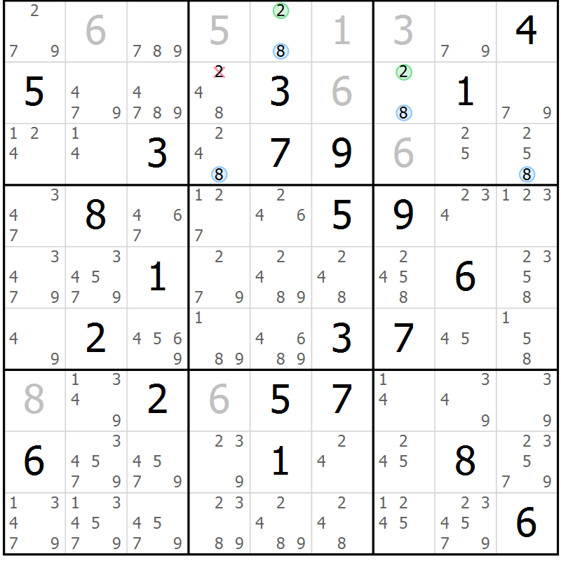 Position des candidats pour la solution de la Gr 13 page 16 du magazine de sudoku Suprême n° 034