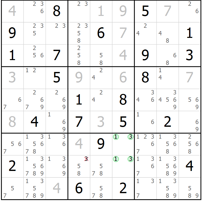 Position des candidats pour la solution de la Gr 14 page 17 du magazine de sudoku Suprême n° 034