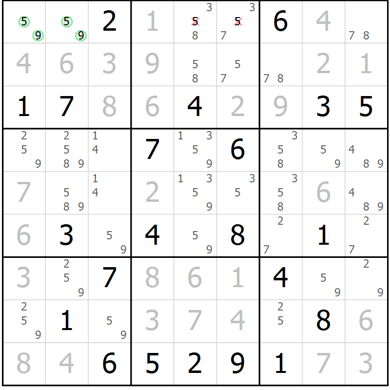 Position des candidats pour la solution de la Gr 15 page 18 du magazine de sudoku Suprême n° 034