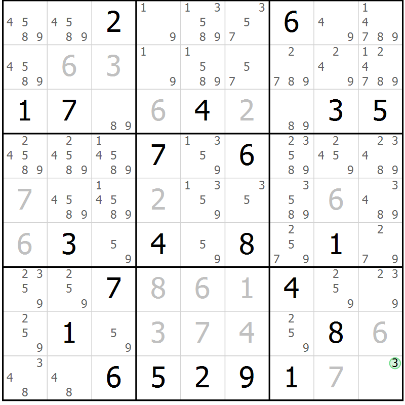 Position des candidats pour la solution de la Gr 15 page 18 du magazine de sudoku Suprême n° 034