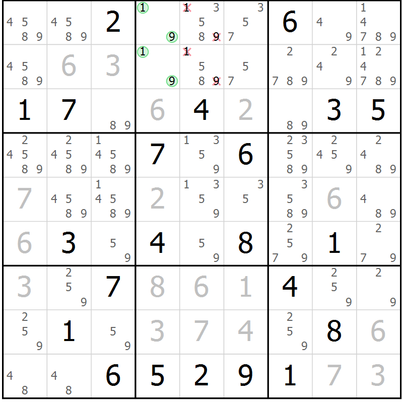Position des candidats pour la solution de la Gr 15 page 18 du magazine de sudoku Suprême n° 034